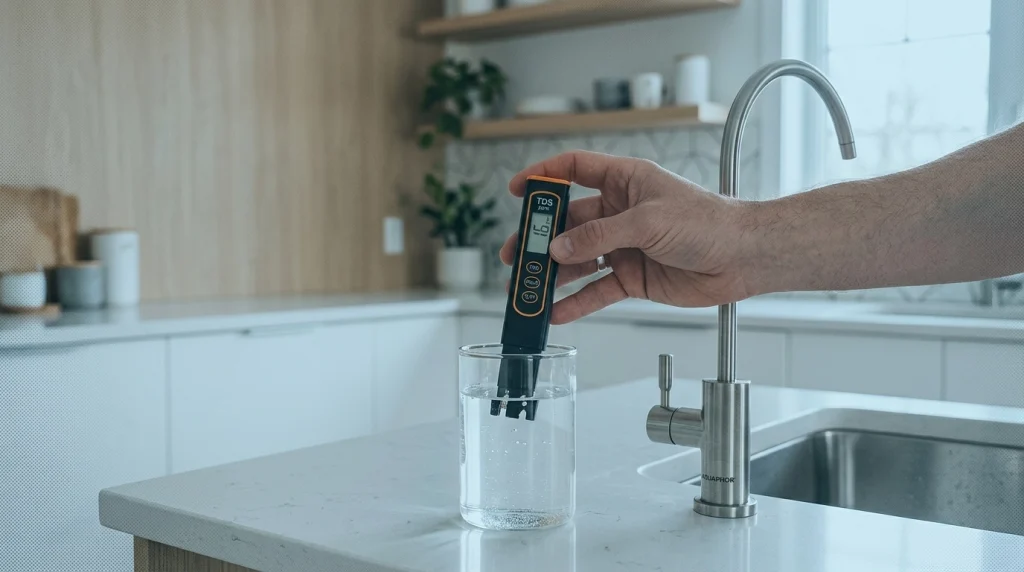 Tds meter testing water in a glass